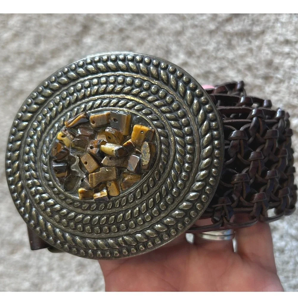 Woven Boho Hippie Brown Leather Belt Tigers Eye Stone Buckle Boho Western Small